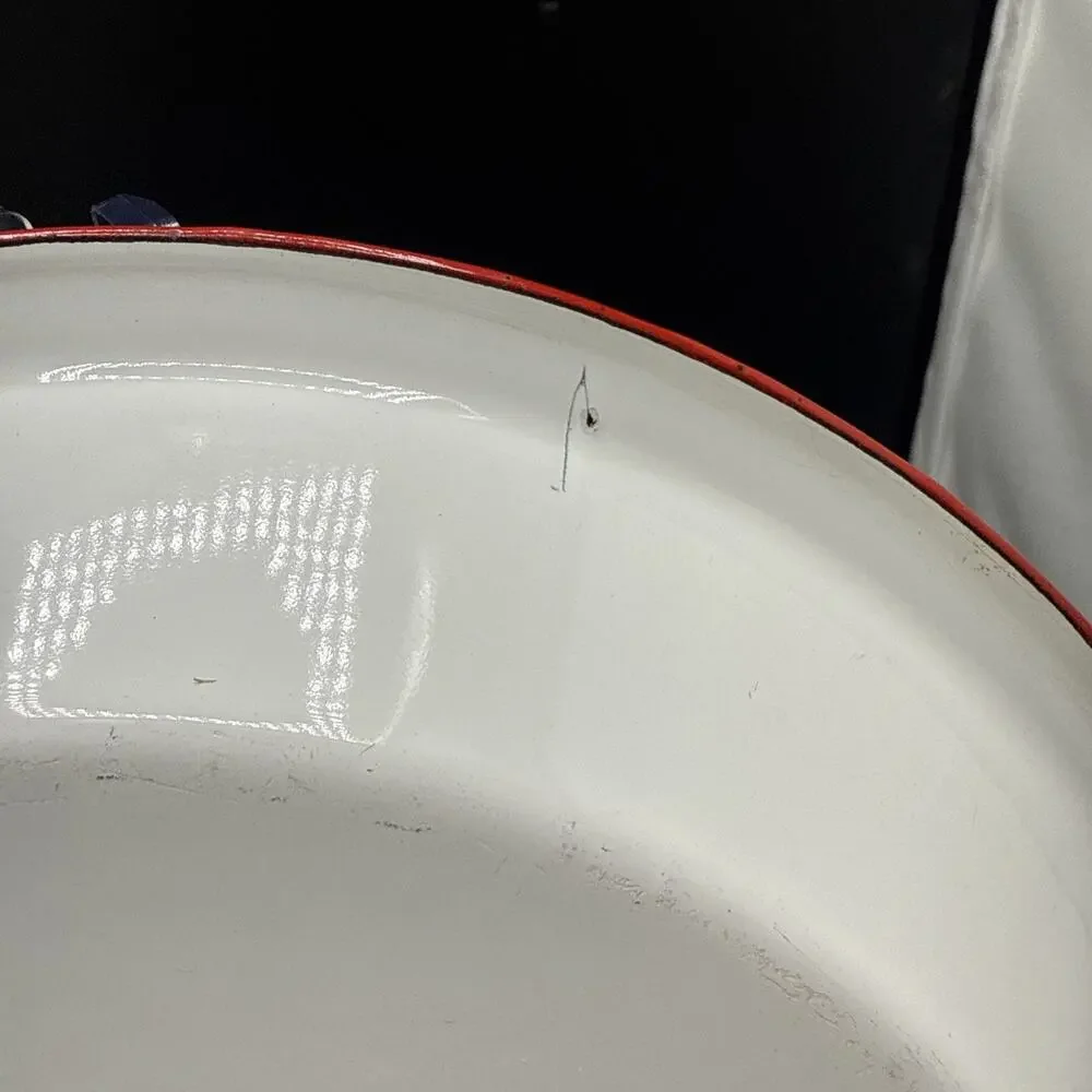 Vintage White Red Rim Enamelware Dinner Plate Farmhouse Camp Rustic 9.5 Inches